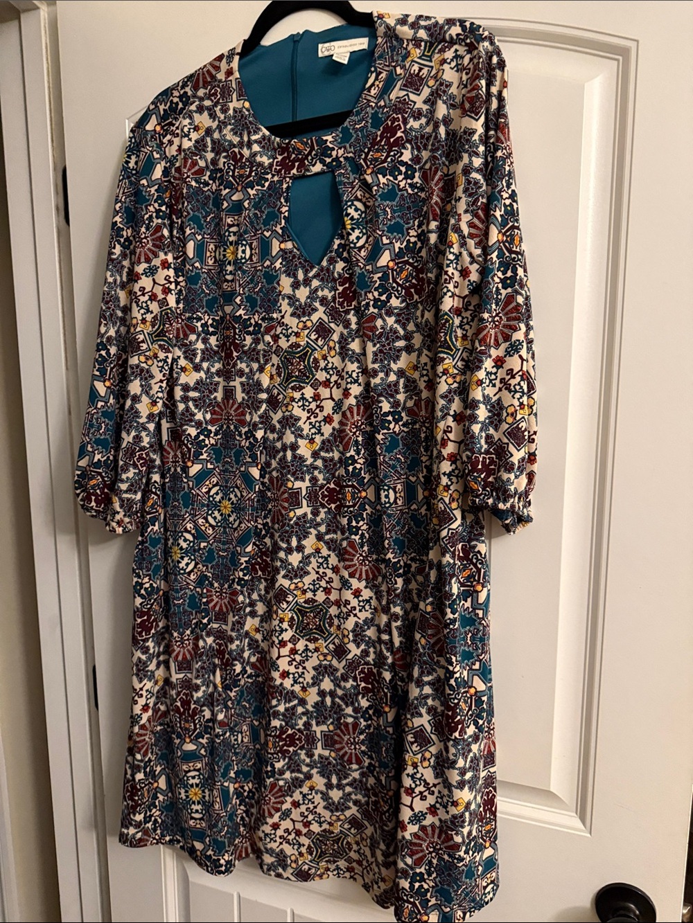 Cato Printed Shift Dress in Teal, Cream & Burgundy